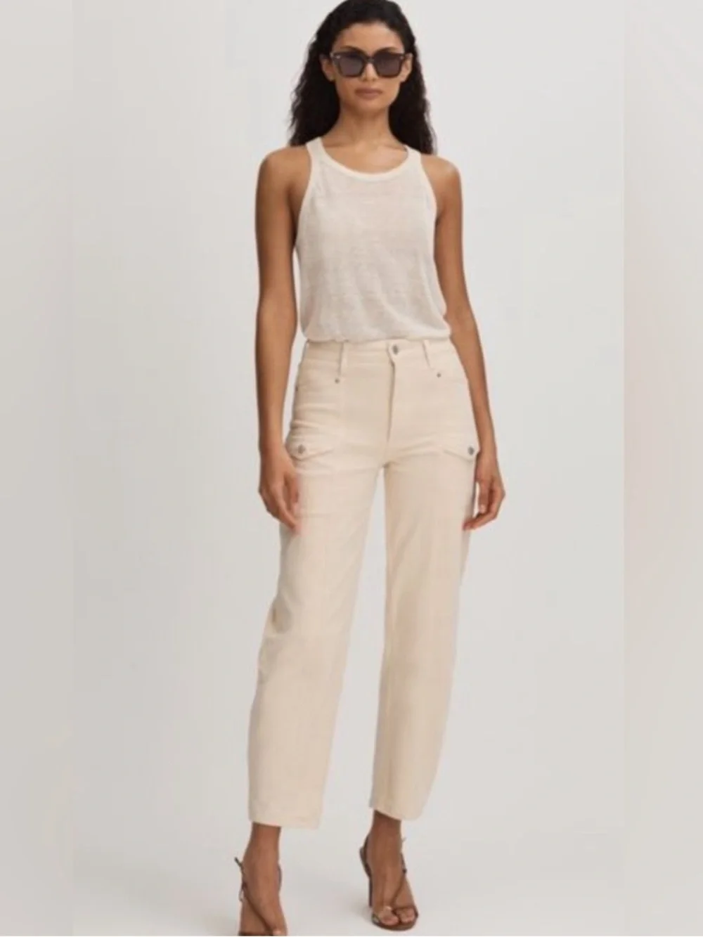 Paige ALEXIS High Waist Ankle Barrel Cargo Jeans Blonde Sand Sz 28